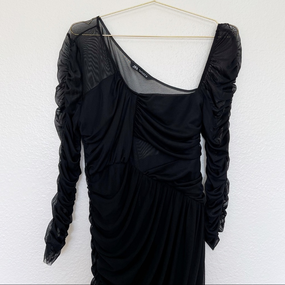ZARA Draped Ruched Sheer Mini Dress in Black SZ L - Picture 9 of 11